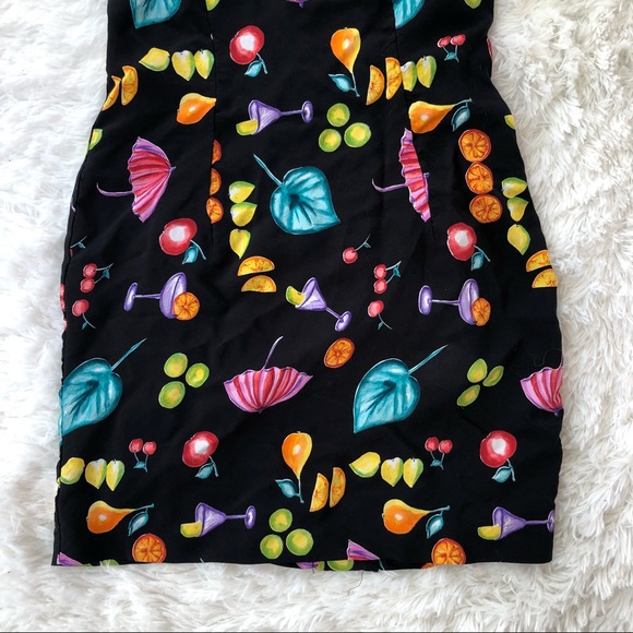 JESSICA HOWARD • Vintage Black Dress Neon Funky Fruit and Cocktail Pattern - Picture 6 of 14